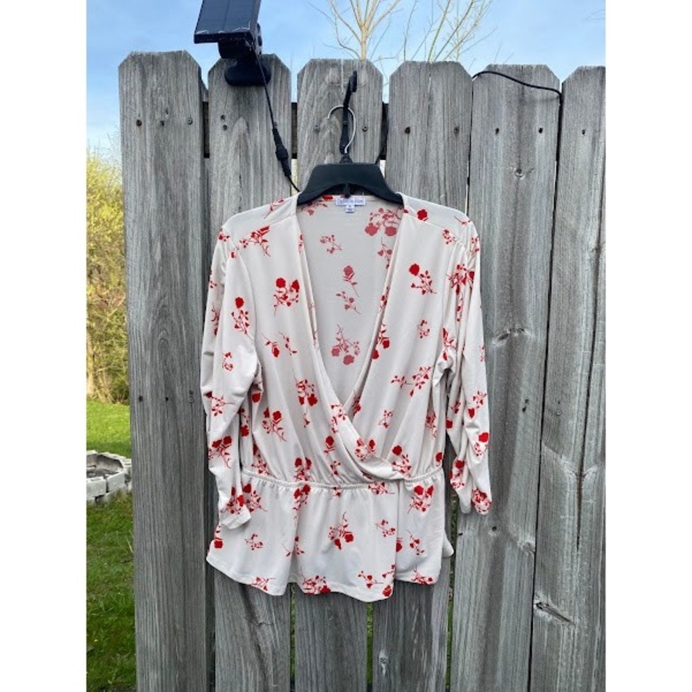 Ophelia Roe Womens XL Cream Red Floral Surplice Peplum Top Ruched 3/4 Sleeve